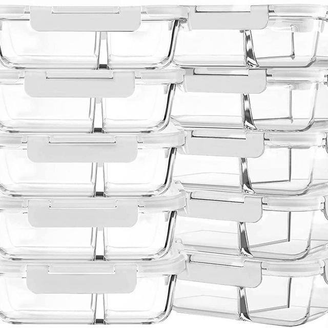 [10-Pack,22 Oz]Glass Meal Prep Containers 2 Compartments, Airtight Glass Lunch Bento Boxes with Lids, Glass Food Storage Containers, BPA-Free, Microwave, Oven, Freezer and Dishwasher Friendly, White