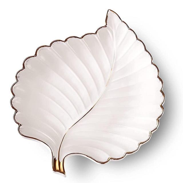 Ceramic Jewelry Trays Trinket Dish Ring Dish Ceramic Candy Plate Snack Plate Leaf Shaped Dish (White, Medium)