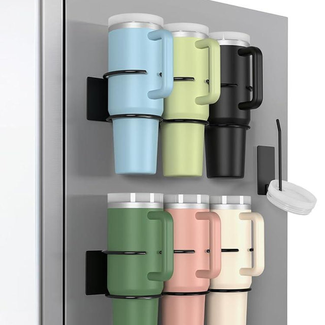 BOTEMY Magnetic Stanley Cup Holder for Fridge, Water Bottle Holder for Stanley Cup 40oz, 2 PCS Magnetic Cup Holder and 1 Tumbler Lid Organizer for Stanley Cup Accessories