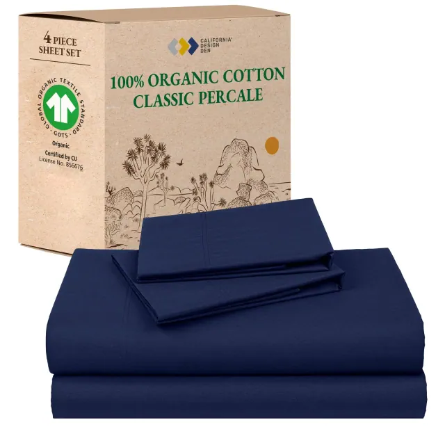 Queen Sheets Set, 100% Organic Cotton Percale, Navy Bed Sheets by California Design Den