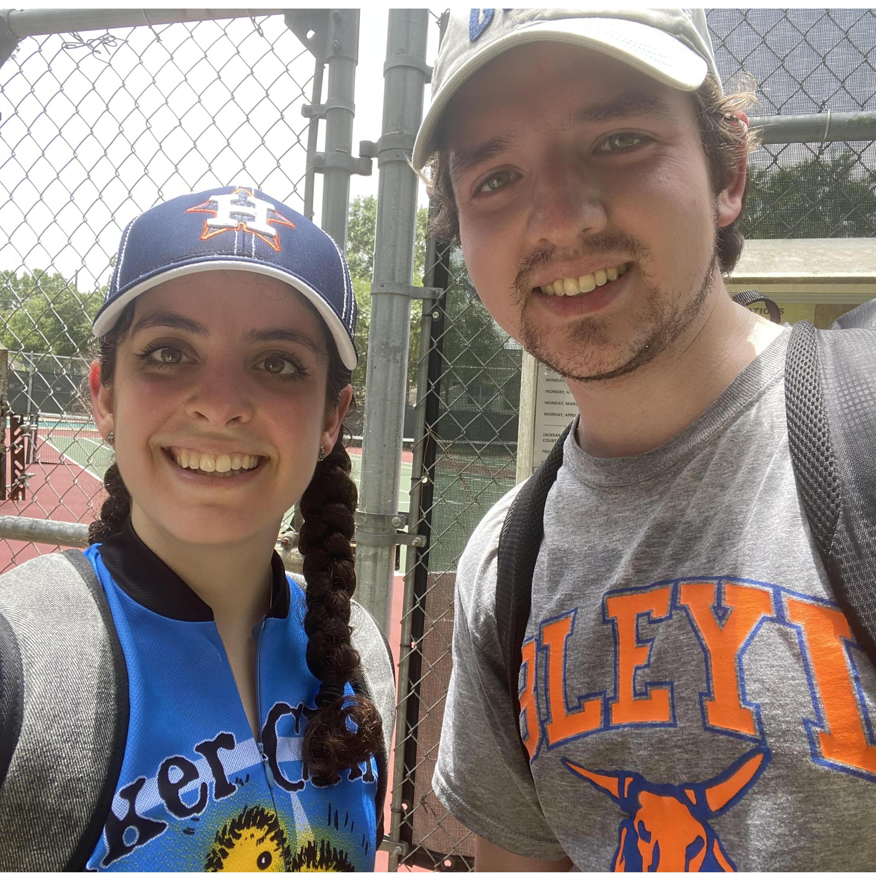 Playing tennis together to exercise during the pandemic