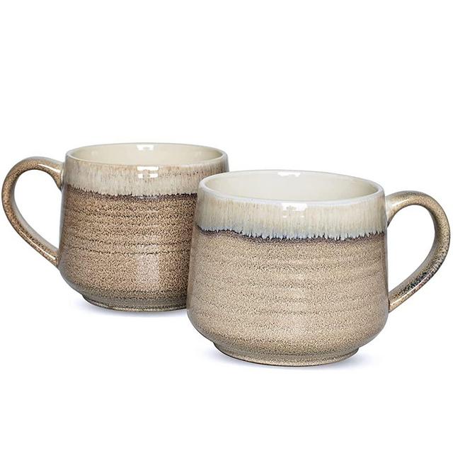 Bosmarlin Large Ceramic Coffee Mug Set of 2, 18 Oz, Big Stoneware Tea Cup for Office and Home, Dishwasher and Microwave Safe (Brown Grey, 2)
