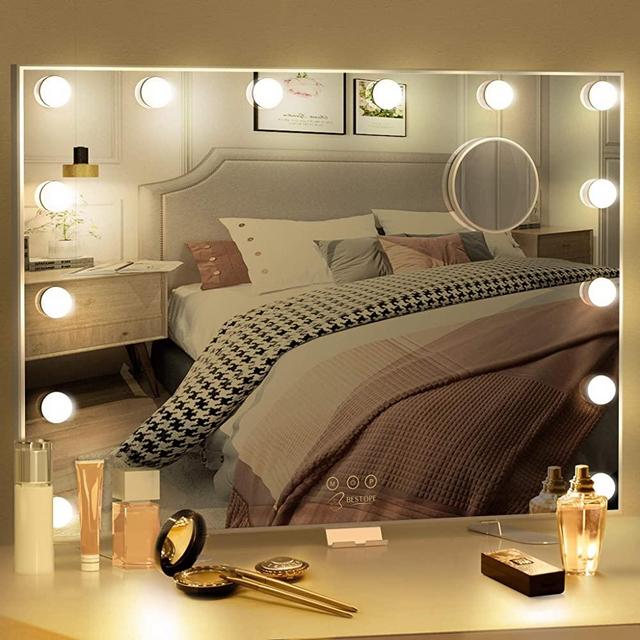 BESTOPE Vanity Mirror with Lights Hollywood Mirror Large Lighted Vanity Mirror with 3 Color Lights,USB A and USB C Outlet with Phone Holder,24x20 Inch,Touch Control,Sturdy Metal Frame Design