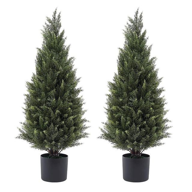Gonuien 3ft(35”) Artificial Cedar Outdoor Artificial Shrub Sunlight Resistant Leafy Potted Plant Plant for Indoor Porch of Home and Office Artificial Outdoor Tree 2 Pieces a Set