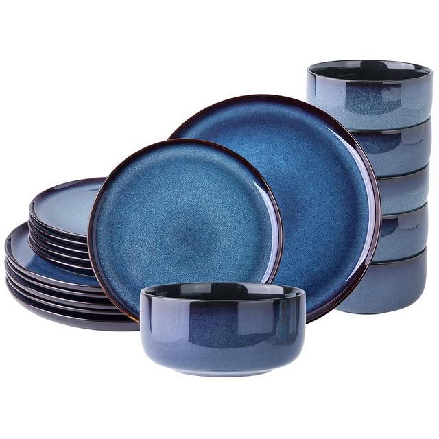 LeRatio Ceramic Dinnerware Sets of 6,Poreclain Plates and Bowls Sets,Handmade Reactive Glaze Dishes Set,Chip Resistant and Scratch Resistant | Oven&Dishwasher & Microwave Safe-Blue(18PCS)