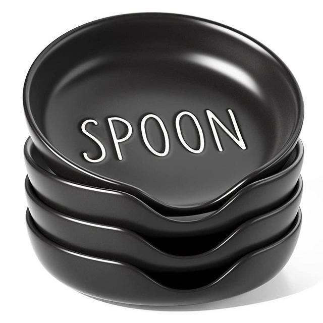 LE TAUCI Ceramic Spoon Rest for Kitchen, 5 Inches Spoon Holder for Stove Top, Utensil Holder for Cooking, Farmhouse Kitchen Decor, Set of 4, Black