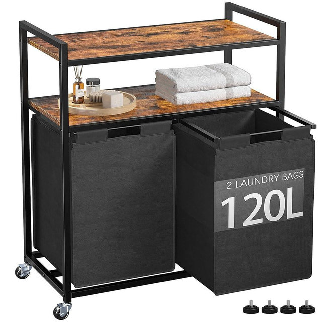 EnHomee Laundry Hamper, 120L Large Capacity, 2 Section Laundry Sorter, Rolling Basket with Wheels, Metal and Wood Frame