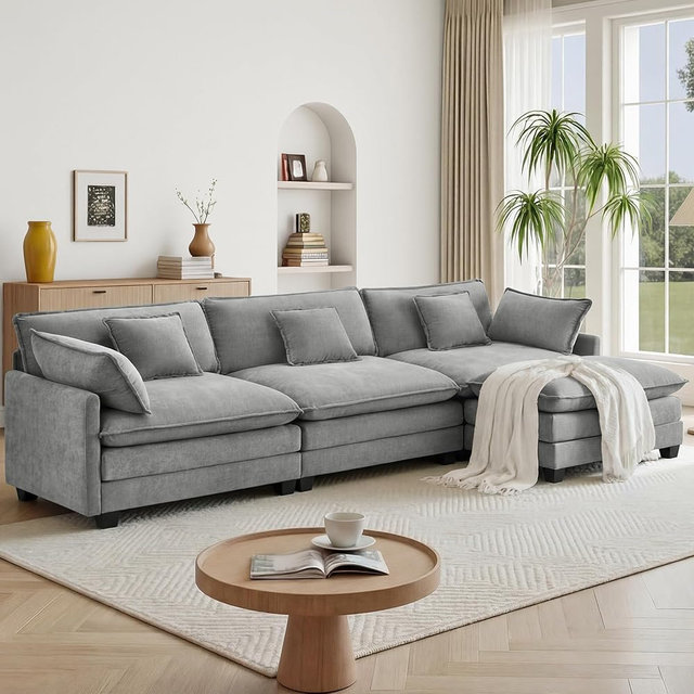 KISLOT 122" Oversized Modular Sectional Sofa,L-Shaped Cloud Couch with Movable Ottoman,Thick Cushions,4 Deep Seats with 5 Throw Pillows Sofa Couch Set for Living Room, Bedroom | Wood Frame