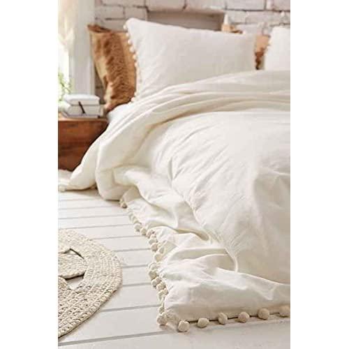 Flber White Pom-Fringe Duvet Cover King, 96"x104"