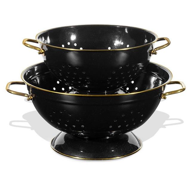 Metal Colander 2 Pack, 3.5 Quart Powder Coated Self-draining Solid Ring Base Metal Large Kitchen Pasta Vegetable Fruit Strainer with Handle (L-BLACK)