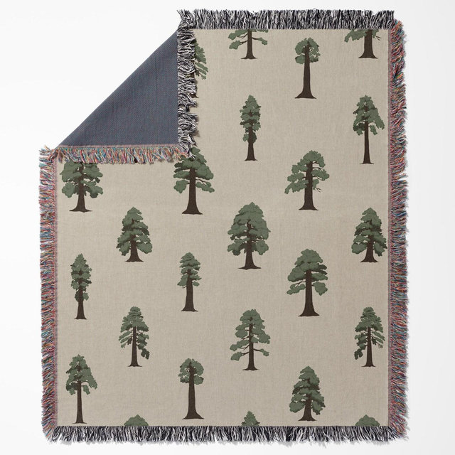 Sequoia Forest Woven Cotton Throw Fringe Blanket, Naturalist wall tapestry, sustainable bedding, Christmas tree blanket, hiking picnic cloth