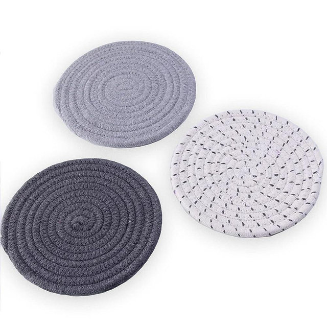 100% Cotton Thread Weave Potholders and Trivets - Stylish Coasters, Hot Pads, Hot Mats, Spoon Rest (Set of 3) - 7 Inch Diameter Placemats - Perfect for Cooking and Baking by Diameter (Grey)