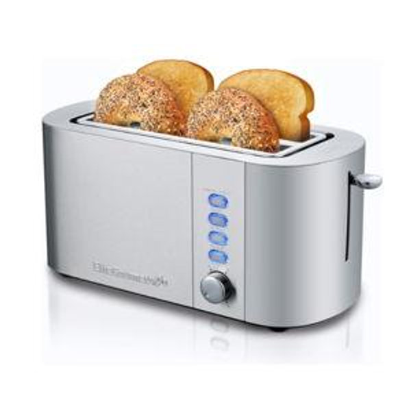 Elite Gourmet ECT4123 Long Slot 4 Slice Toaster, Extra Wide 1.5" and 5.1" Deep Slots, Bagel, Defrost & Cancel Functions, 6 Toast Shade Settings, Fits Bagels, Waffles, Artisan Breads, Stainless Steel