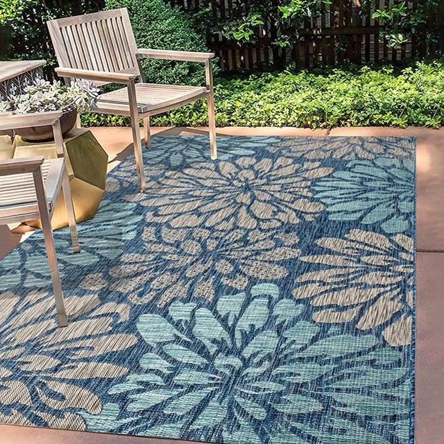 JONATHAN Y SMB110C-8 Zinnia Modern Floral Textured Weave Indoor Outdoor Area Rug Bohemian Coastal Easy Cleaning Bedroom Kitchen Backyard Patio Non Shedding, 8 X 10, Navy/Aqua
