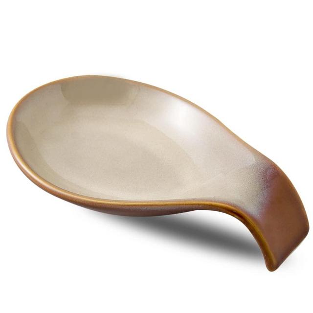 Nihow Ceramic Spoon Rest: 4 Inch Stable Utensil Rest - Heat Resistant Spoon Holder for Kitchen counter/Countertop/Stove Top - Dishwasher Safe - Elegant Brown (1 PC)
