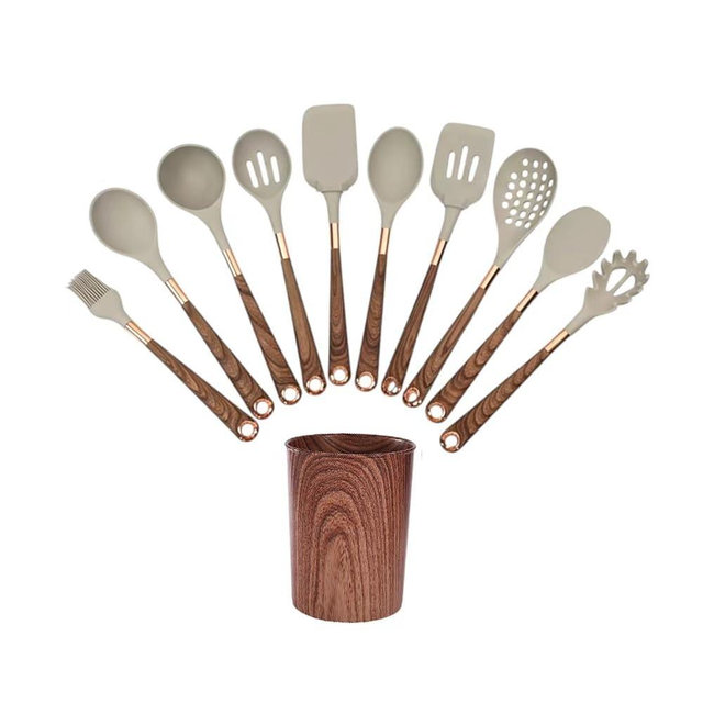 11-Piece Silicone Kitchen Utensil Set with Wooden Handle & Holder – Heat-Resistant, Non-Scratch Cooking Tools for Non-Stick Cookware