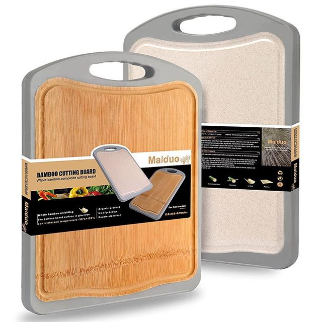 Bamboo Cutting Board for Kitchen with Juice Groove - Organic Whole Bamboo Composite Chopping Board with Handles for Meat, Vegetables, Fruits, BPA Free, Double Sided Use, No-Slip, (M-15.3 x 10.6")