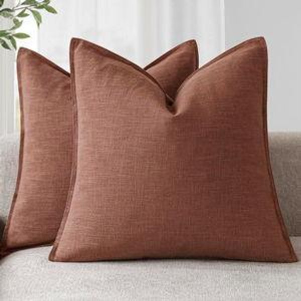 Foindtower Pack of 2, Decorative Linen Soild Throw Pillow Covers Soft Accent Euro Cushion Case Boho Farmhouse Pillowcase for Chair Couch Sofa Bedroom Living Room Home Decor 24 x 24 Inch Rust Red