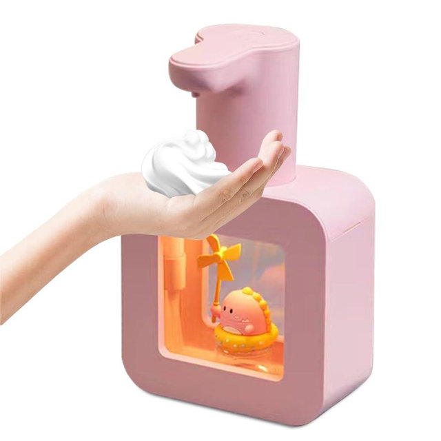Ipalmay Cute Automatic Foam Soap Dispenser for Kids - Waterproof USB Rechargeable Hand-Free 13.5oz - Pink Dinosaur for Bathroom, Kitchen, Office, School - Children's Birthday Gift