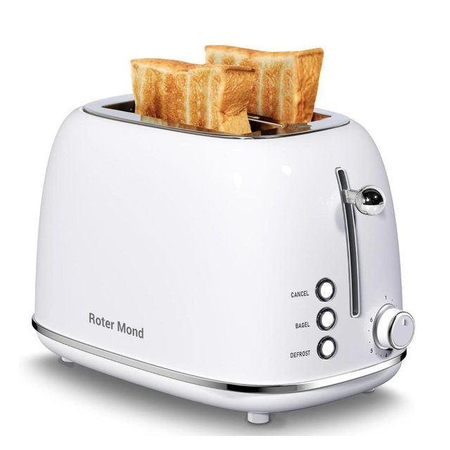 Roter Mond 2 Slice Toaster Retro Stainless Steel with Bagel, Cancel, and Defrost Functions, 6 Bread Shade Settings, Extra Wide Slots and Removable Crumb Tray, White