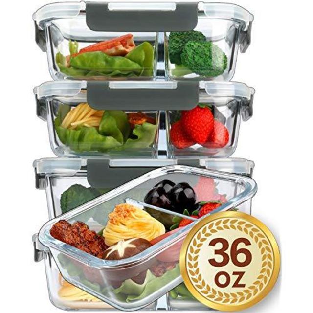 [5-Packs,36 Oz]Glass Meal Prep Containers 2 Compartments Portion Control with Upgraded Snap Locking Lids Glass Food Storage Containers BPA-Free, Microwave, Oven, Freezer and Dishwasher Safe (4.5 Cups)