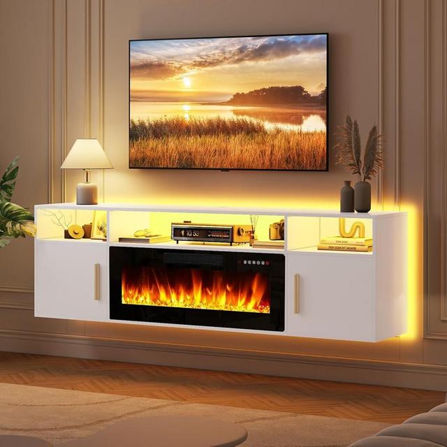 Lemberi Floating Fireplace TV Stand 70'' Wall Mounted Shelf, LED Light Entertainment Center and Storage, Modern Wood Media TV Console with Highlight Cabinet for Living Room (White)