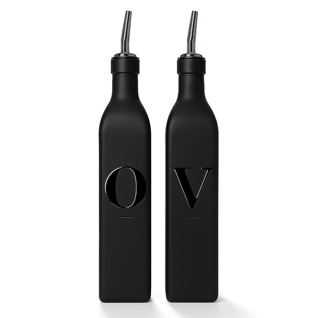 Olive Oil Dispenser Bottle Set, Oil and Vinegar Dispenser Set, Glass Oil Container, oil bottles for kitchen with Pourers and Funnel, 500ml | Set of 2 - Black