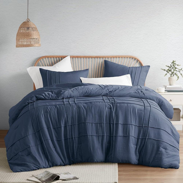 Comfort Spaces Navy Queen Size Comforter Set - 3 Pieces Pintuck Pleated Bedding Sets Queen, All Season Lightweight, Extra Softness Pre-Washed Microfiber Queen Bed Set, Shams, Queen