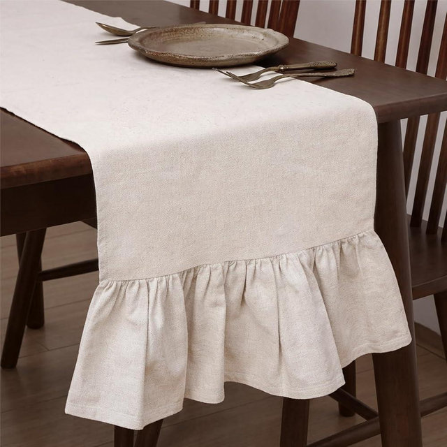 Gilprop Boho Table Runner Linen Farmhouse Table Runners with Ruffle Hem Rustic Burlap Home Party Decoration for Living Room(13 x 72 Inch,Linen Beige)