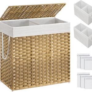SONGMICS Laundry Hamper with Lid, 130L Clothes Hamper with 2 Removable Liner Bags, 6 Mesh Bags, Wicker Laundry Basket, Double Laundry Hamper for Bathroom, 13 x 26 x 23.6 Inches, Natural ULCB253N01