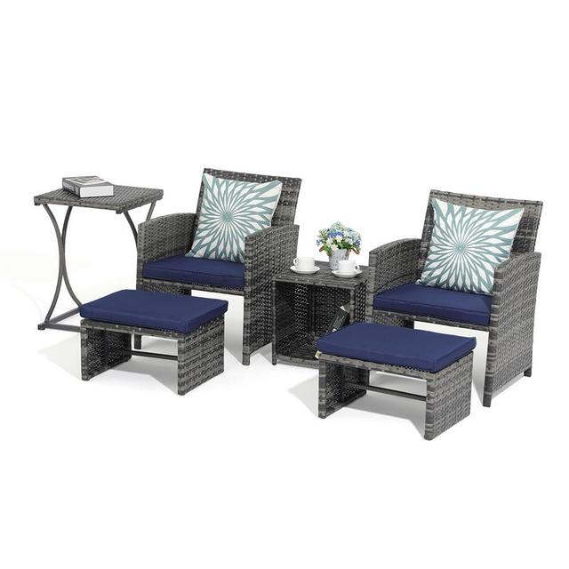 OC Orange-Casual 6 Piece Patio Furniture Conversation Set with Ottoman, Outdoor Grey Wicker Chair and Table Set, Balcony Furniture for Apartments, Navy Blue