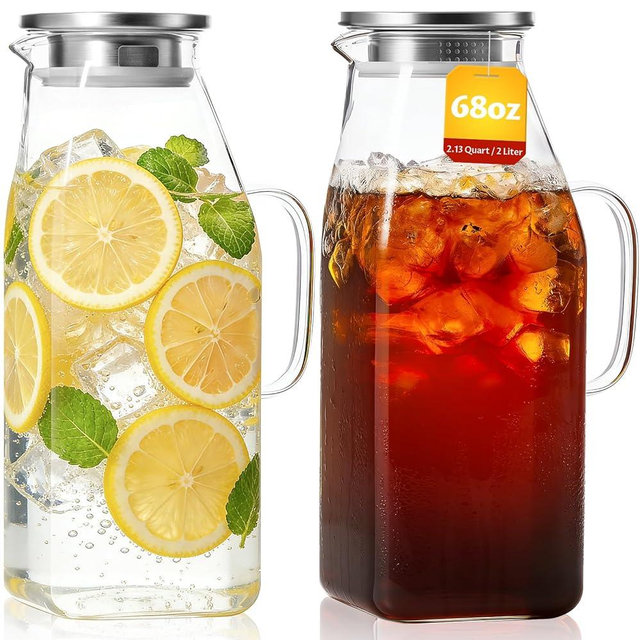 2-Pack 68oz Square Glass Water Pitcher with Lid – Borosilicate Carafes with Handle and Filter Lid for Hot & Cold Beverages, Iced Tea, Coffee, and Fridge Door Use