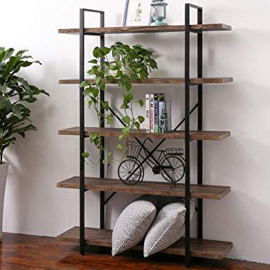 SUPERJARE 5-Shelf Industrial Bookshelf, Open Etagere Bookcase with Metal Frame, Rustic Book Shelf, Storage Display Shelves, Wood Grain - Vintage Brown