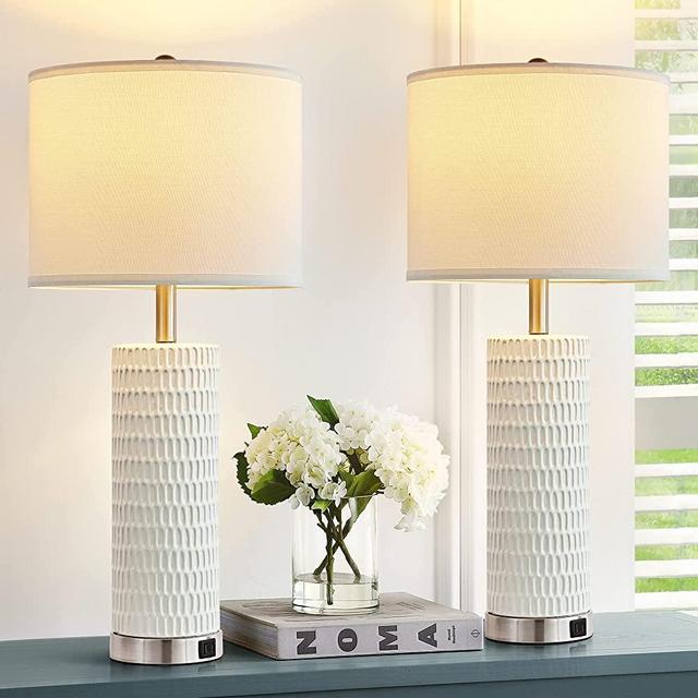 Reaketon 28" Ceramic Table Lamp Set of 2, 3 Way Dimmable Touch Control Table Lamp with 2 USB Charging Ports for Bedroom Living Room，Modern Nightstand Lamp End Table Lamps(2 Bulbs Included)