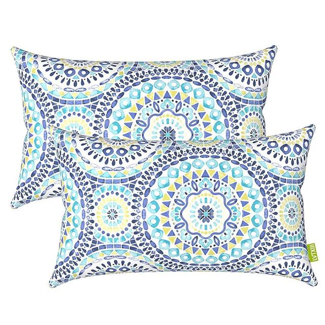 LVTXIII Outdoor/Indoor Lumbar Pillows, Decorative Patio Lumbar Cushions, Fluffy Water Repellent Garden Cushions for Home Patio Coach Sofa Use, 12×20 Inch, Pack of 2, Delancey Lagoon