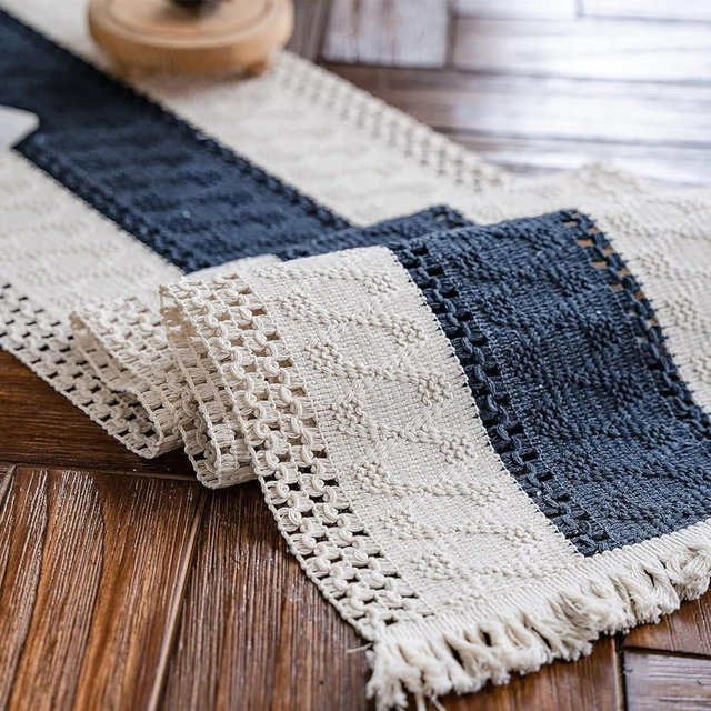 Alynsehom Macrame Table Runner Cream Beige and Blue Boho Table Runners with Tassels Hand Woven Cotton Table Runner Rustic Farmhouse Table Runners for Bohemian Kitchen Dining Table(12x60in)