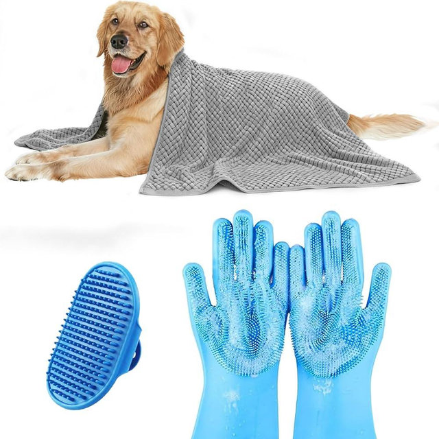 IDQQUQQ 3PCS Dog Bath Supplies,Dog Bath Brush | Dog Washing Gloves | Dog Towel 40'' X 23.6'',Super Absorbent and Soft Pet Grooming Towel, Perfect Shower & Grooming Supplies for Dogs