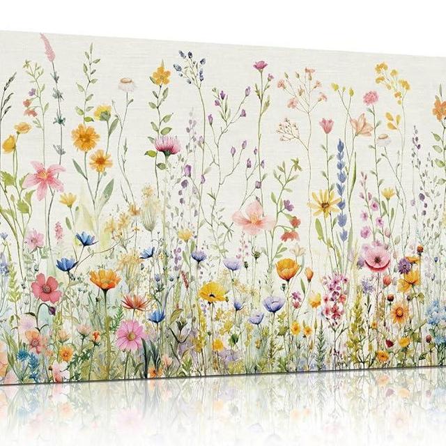 HPINUB Colorful Flower Framed Canvas Wall Art Set, Watercolor Daisy Floral Wall Decor, Wildflower Green Leaf Wall Painting, Multicolour Botanical Art Print for Living Room, Bedroom, Office - 20"x40"