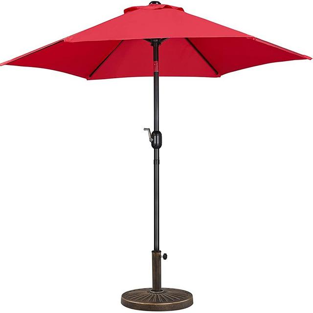 Yaheetech 7.5/9FT Garden Table Umbrella with 26.5lbs 18in Base Stand, Patio Market Umbrella with Push Button Tilt,Crank and Sturdy Ribs, Outdoor Patio Umbrella w/Base Included Heavy Duty-Tan/Red/Dark Green