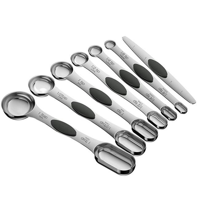 ChefAide 304 Stainless Steel Magnetic Measuring Spoons Set, 2022 Upgrade Extend Handle, Dual Sided, Stackable, Adjustable Teaspoon and Tablespoon Measure Spoon Kitchen Gadgets Set of 7(Black)