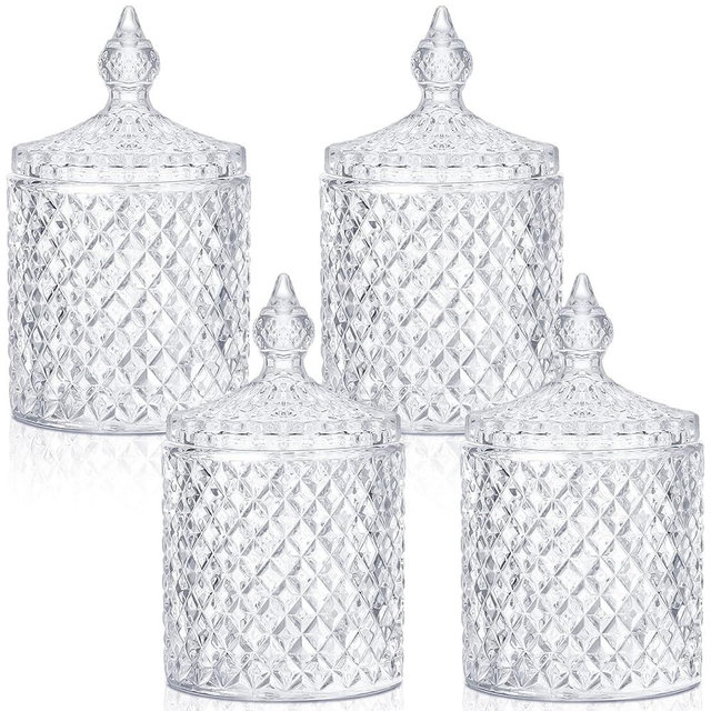 4 Pcs Crystal Glass Candy Jar with Lid Home Decorative Jar Glass Storage Bathroom Jars Jewelry Box Canister Jar for Cotton Swab Glass Jar Decor for Bathroom, Pantry, Living Room, Kitchen (Clear)