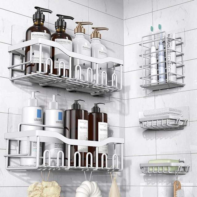 EUDELE Shower Caddy 5 Pack,Adhesive Shower Organizer for Bathroom Storage&Home Decor&Kitchen,No Drilling,Large Capacity,Rustproof Stainless Steel Bathroom Organizer,Shower Shelves for Inside Shower