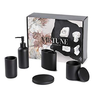 Premium Matte Black Bathroom Accessories Set -Complete Essentials inc Hand Soap Dispenser, Soap Dish, Toothbrush Holder, Cotton Canister, and Tumbler. 100% Resin, Safe and Suitable for Children