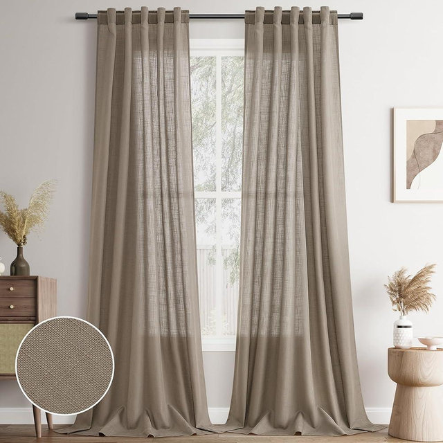 Joywell Light Camel Back Tab Rod Pocket Linen Curtains 108 Inches Long 2 Panels for Living Room Bedroom Neutral Boho Farmhouse Rustic Light Filtering Semi Sheer Curtains Window Treatment 40x108