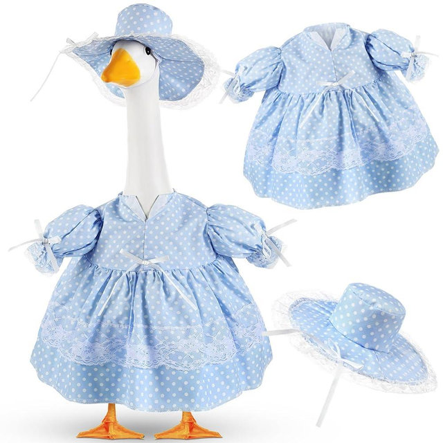 Aliceset Spring Summer Porch Goose Outfit Fancy Goose Clothes Polka Dots Skirt with Daisy Hat for 23" Outdoor Patio Decor(Blue)