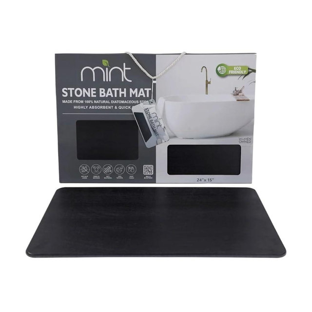 J&V TEXTILES Stone Bath Mat Diatomaceous Earth Shower Mat Non-Slip Super Absorbent Diatomite Stone Mats for Bathroom Floor Quick-Drying Easy to Clean (24''*15'') (Matte Black)