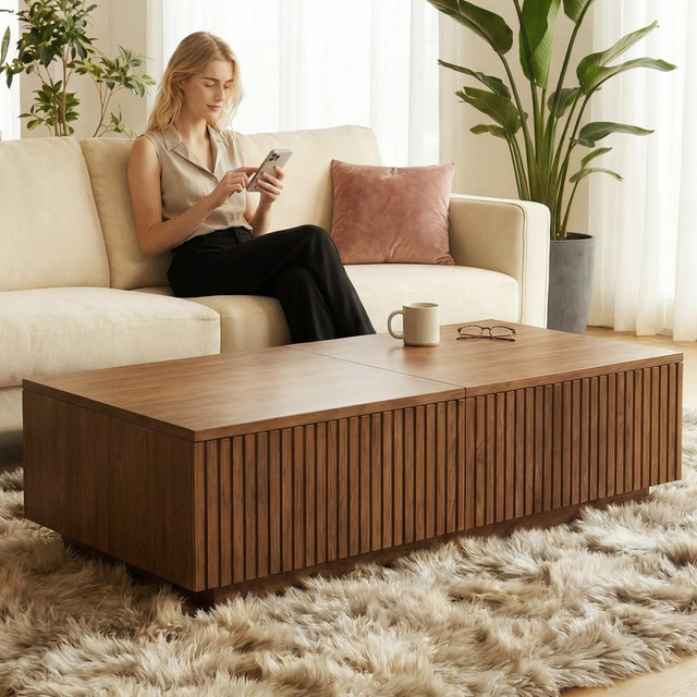 Luck Live Modern 51.1" Lift-top Coffee Table with Storage Drawers Walnut Color living rooms