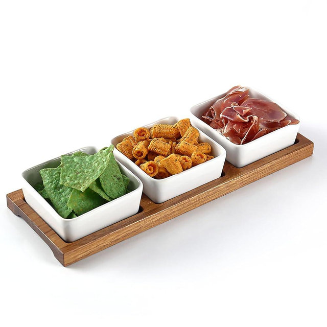 keramwerk 3 Pack Condiment Tray,Chip and Dip Bowl with Wooden Serving Tray,Perfect for Snacks,Appetizers,Charcuterie,Chips,Sauce,Soy,BBQ,Candy,11.8-inch Chip and Dip Serving Set for Parties
