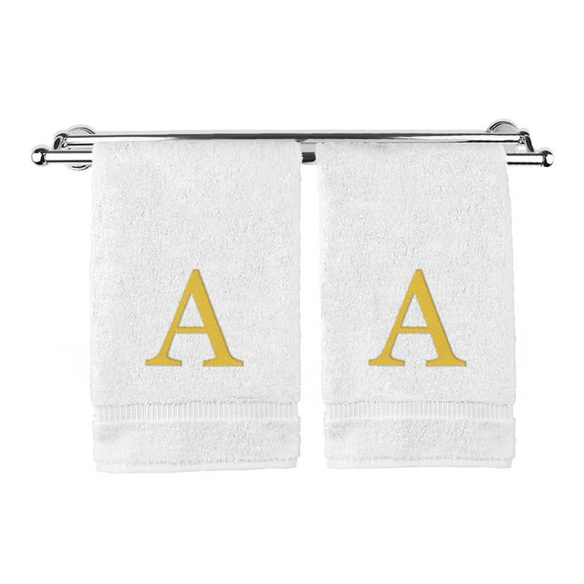 Monogrammed Hand Towel, Personalized Gift, Set of 2- Gold Block Letter Embroidered Towel - Extra Absorbent 100% Turkish Cotton - Soft Terry Finish - Initial A White