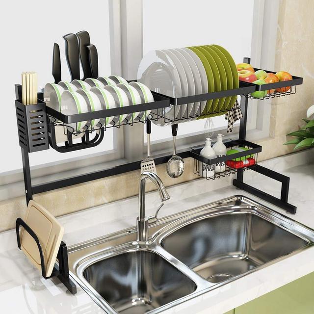 Jun yuan Dish Drying Rack Over Sink Adjustable, Plate Holder Drainer Shelf for Kitchen Storage Counter Organizer Utensils Holder Stainless Steel Anti Rust Save Space(Sink size ≤ 41 inches)